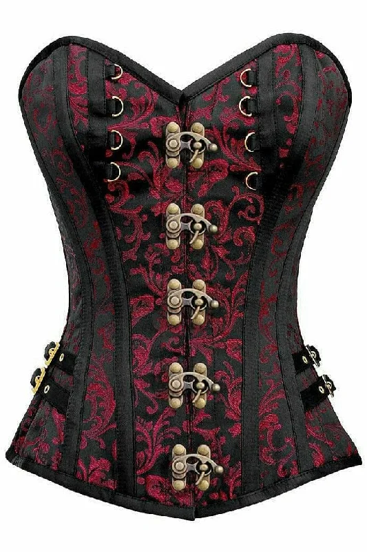 Savings Soar This Weekend Top Drawer Black/Red Swirl Brocade Steel Boned Overbust Corset w/Buckles Savings Soar This Weekend Top Drawer Black/Red Swirl Brocade Steel Boned Overbust Corset w/Buckles