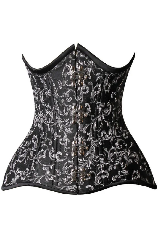 Top Drawer CURVY Black/Silver Brocade Double Steel Boned Under Bust Corset