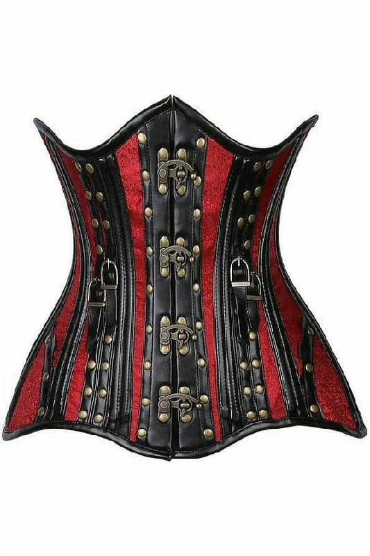 While Supplies Last Top Drawer Faux Leather & Wine Brocade Steel Boned Under Bust Corset