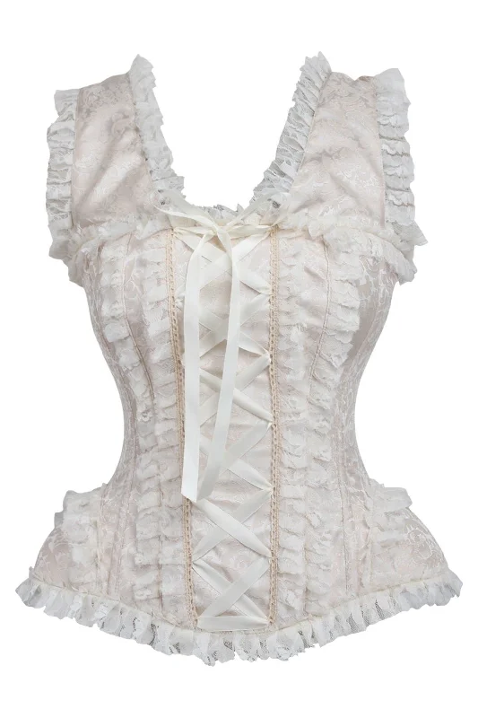 Top Drawer Ivory Brocade & Lace Steel Boned Corset w/Cap Sleeves