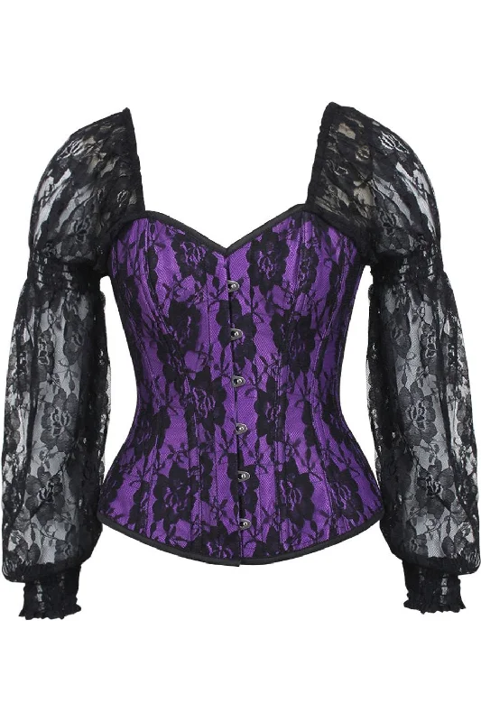 Exclusive Offer Top Drawer Purple w/Black Lace Steel Boned Long Sleeve Corset