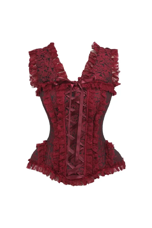 Year-End Sale Top Drawer Red/Black Brocade & Lace Steel Boned Corset w/Cap Sleeves