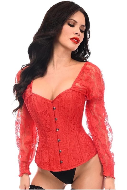 Early Access Top Drawer Red w/Red Lace Steel Boned Long Sleeve Corset