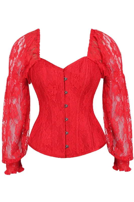 Unbeatable Deal Top Drawer Red w/Red Lace Steel Boned Long Sleeve Corset