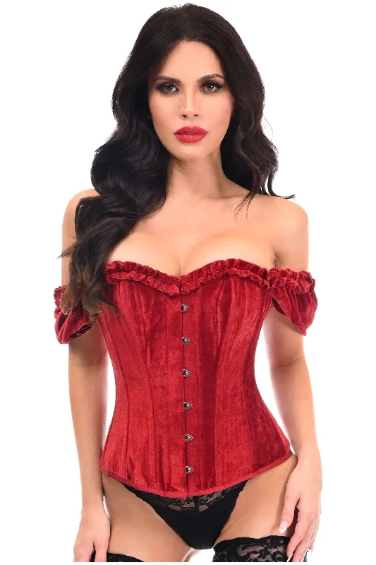 Lowest Price Top Drawer Steel Boned Dark Red Velvet Overbust Corset w/Sleeves