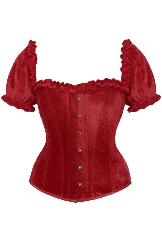 New Arrival Top Drawer Steel Boned Dark Red Velvet Overbust Corset w/Sleeves