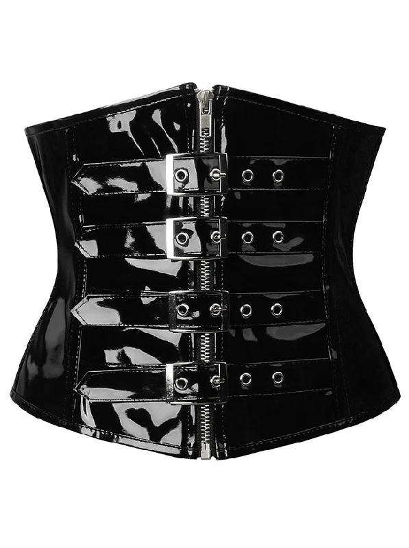 Women's Steampunk Gothic PVC Leather Zipper Boned Underbust Corset with Buckles Black