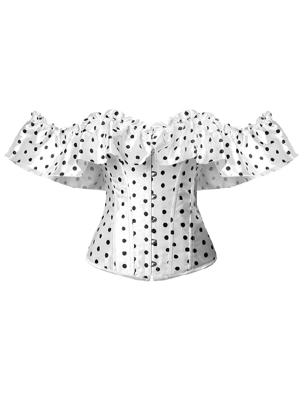 Women Vintage Victorian Polka Dot Printed Off Shoulder Ruffled Lace Up Overbust Corset Top