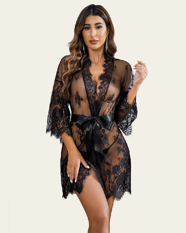 Weekend Deals You Can't Resist Lace Kimono Robe Lingerie Mesh Nightgown