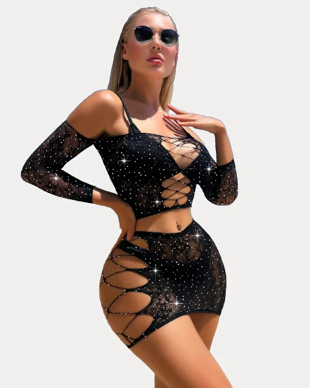 Stock Clearance Mesh Chemise Rhinestone Fishnet Lingerie Sets