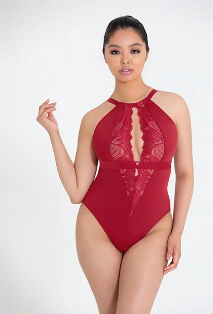 Weekend Deals That Please Indulgence Stretch Lace Bodysuit Red