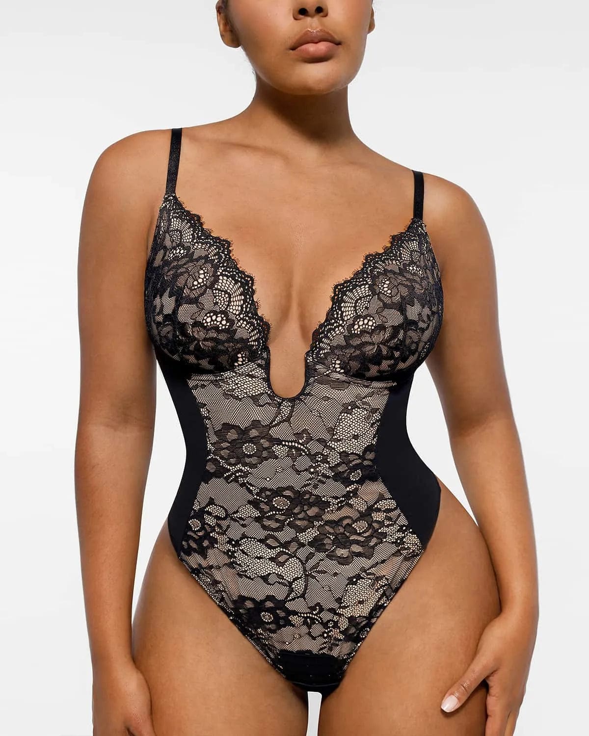 Overstock Sale Lace Glamour Supportive Plunge Thong Bodysuit