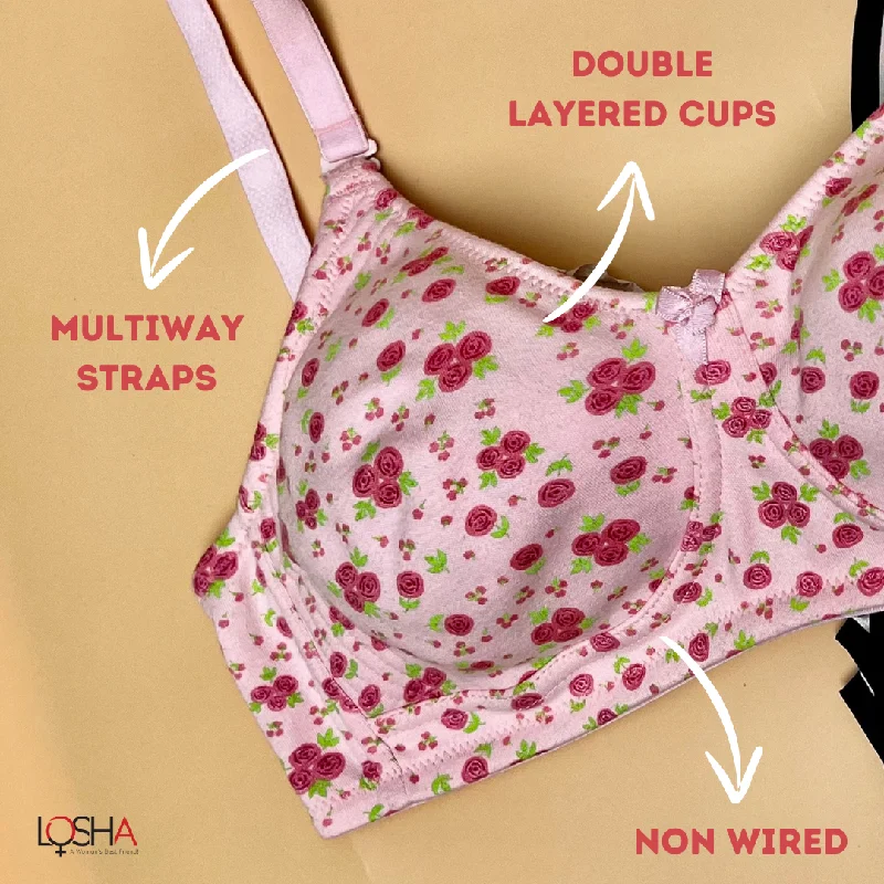 Unmissable Offer LOSHA COTTON DOUBLE LAYERED NON WIRED PRINTED BRA -BABY ROSE PRINT