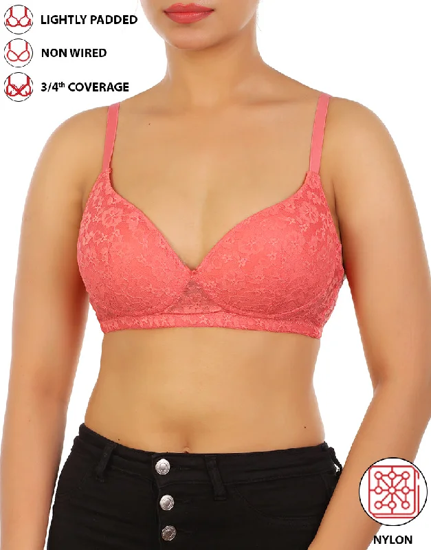 Seasonal Sale LOSHA LIGHTLY PADDED WIRE-FREE 3/4TH COVERAGE ALL OVER LACE BRA- GEORGIA PEACH